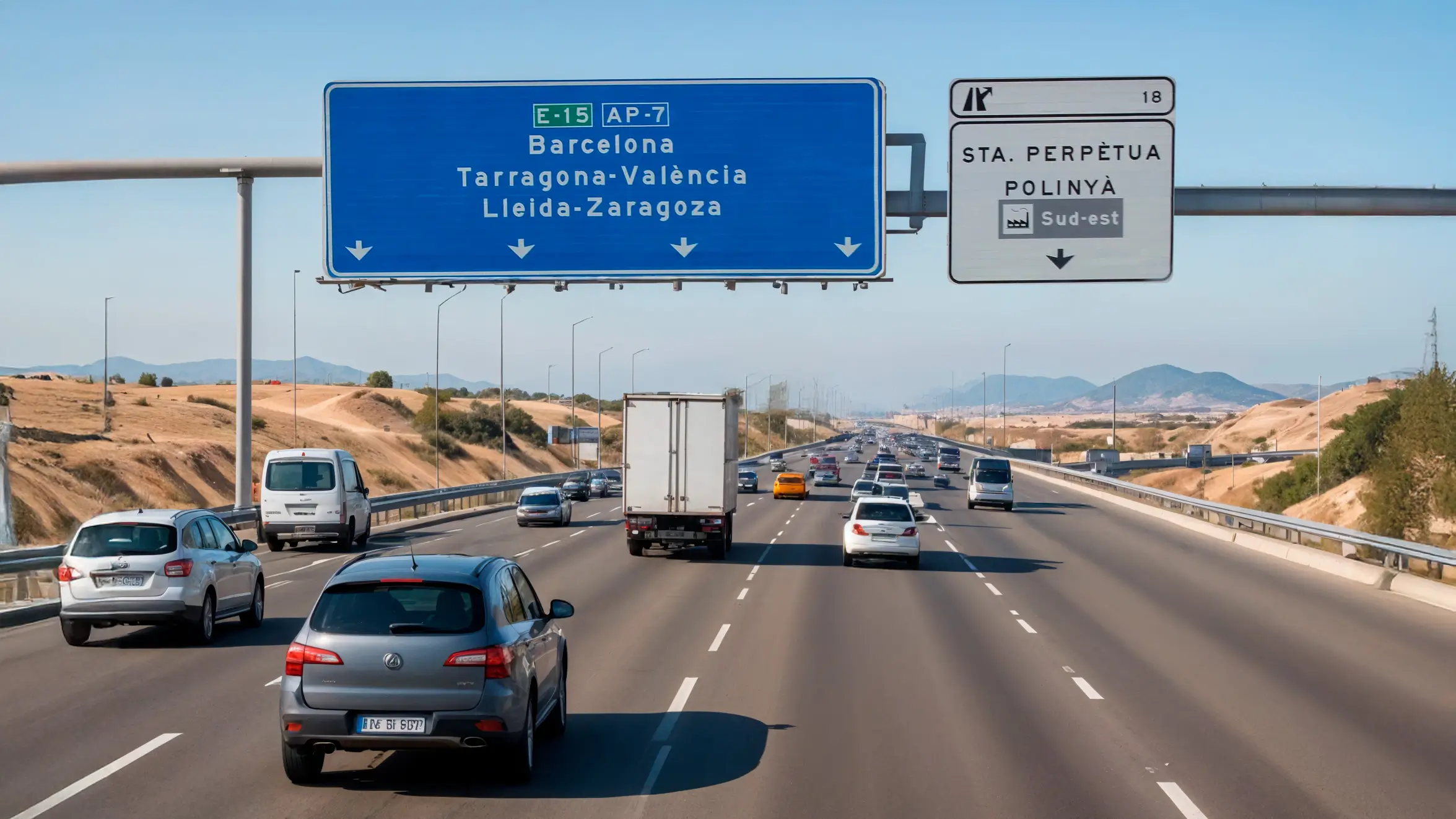 Detalle de circulación de una autovía en Cataluña durante un día con restricciones a vehículos pesados.