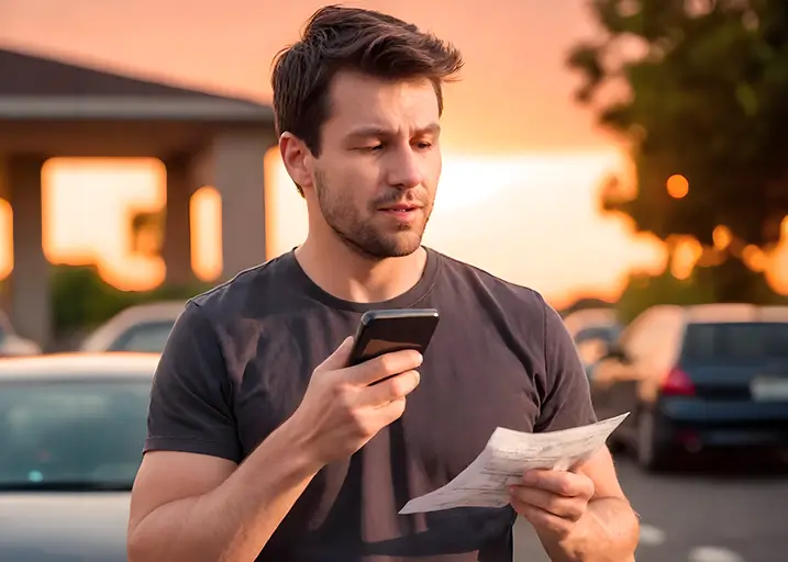 Hombre durante una llamada de teléfono mientras gestiona una multa con su gestor personalizado.