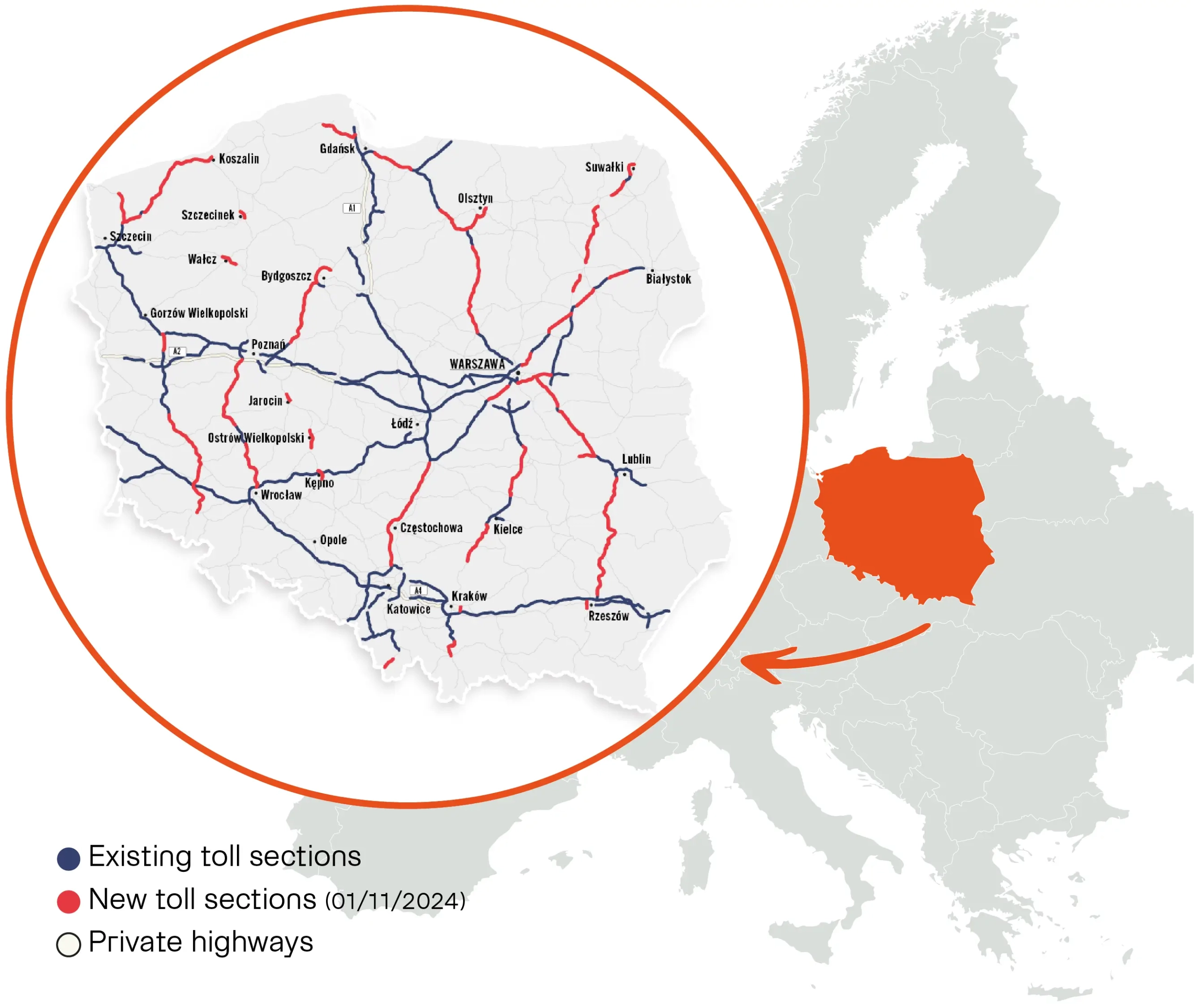 Map of the road network and tolls in Poland.