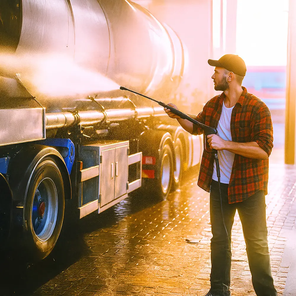 Conductor limpiando su camión cisterna en un área de servicio dentro de un parking seguro, con instalaciones de lavado y mantenimiento para flotas.