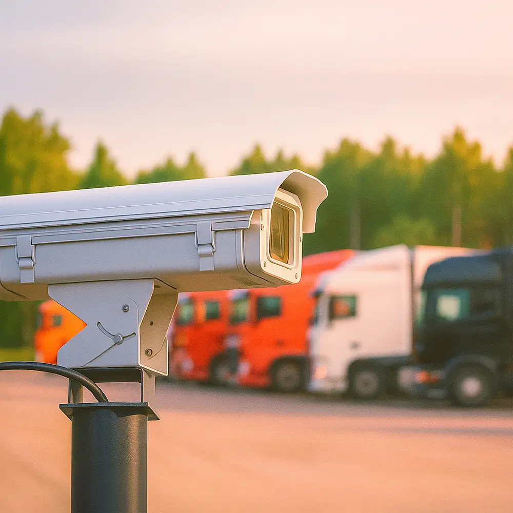 Cámara de seguridad vigilando una zona de camiones estacionados en un parking seguro para transportistas, con control 24/7 y acceso restringido.
