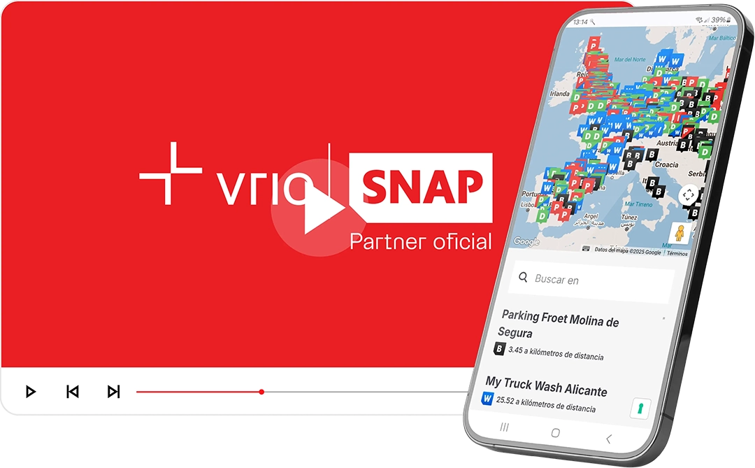Enlace al vídeo promocional Vrio–SNAP, partner oficial para parkings seguros en Europa. En la pantalla se muestra un móvil con un mapa con parkings seguros disponibles a través de la plataforma.