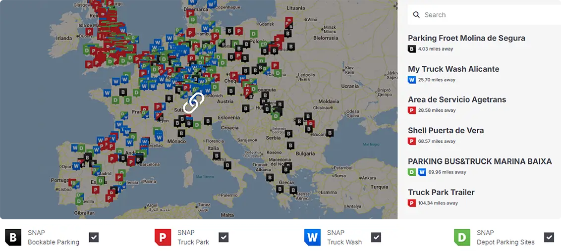 Mapa interactivo de Europa con la red de parkings seguros Vrio-SNAP. Se muestran cientos de parkings para camiones, lavaderos y áreas de descanso disponibles para reservar.