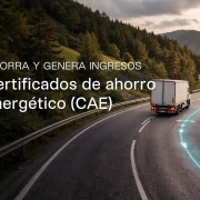 Camión circulando por carretera con trazado de telemetría, representando los certificados de ahorro energético (CAE) generados por flotas de transporte.