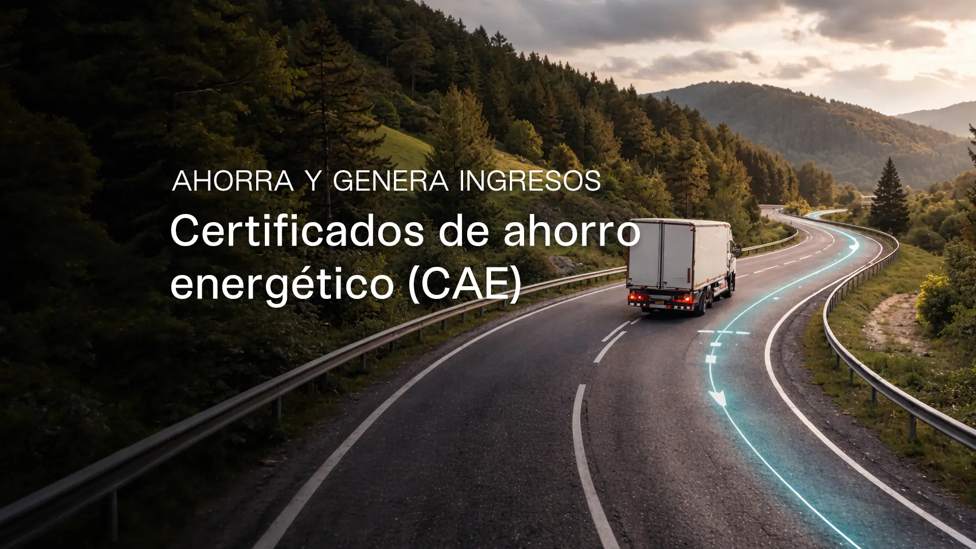 Camión circulando por carretera con trazado de telemetría, representando los certificados de ahorro energético (CAE) generados por flotas de transporte.