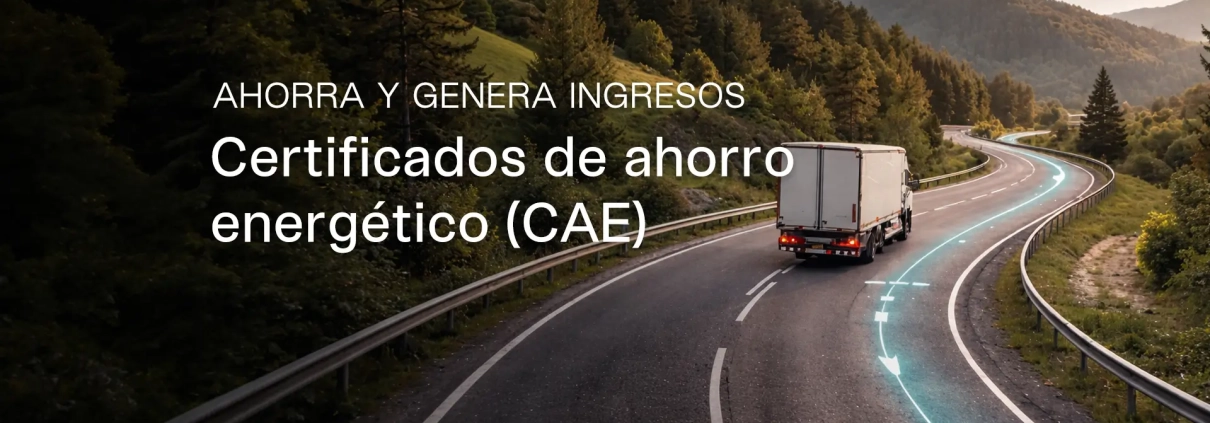 Camión circulando por carretera con trazado de telemetría, representando los certificados de ahorro energético (CAE) generados por flotas de transporte.