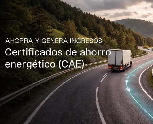 Camión circulando por carretera con trazado de telemetría, representando los certificados de ahorro energético (CAE) generados por flotas de transporte.