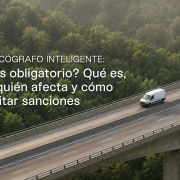 Furgoneta de transporte circulando por una autopista, imagen de una guía sobre el tacógrafo inteligente, su obligatoriedad y las sanciones.