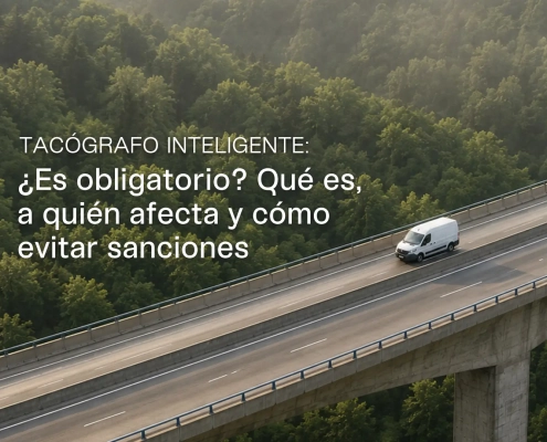 Furgoneta de transporte circulando por una autopista, imagen de una guía sobre el tacógrafo inteligente, su obligatoriedad y las sanciones.
