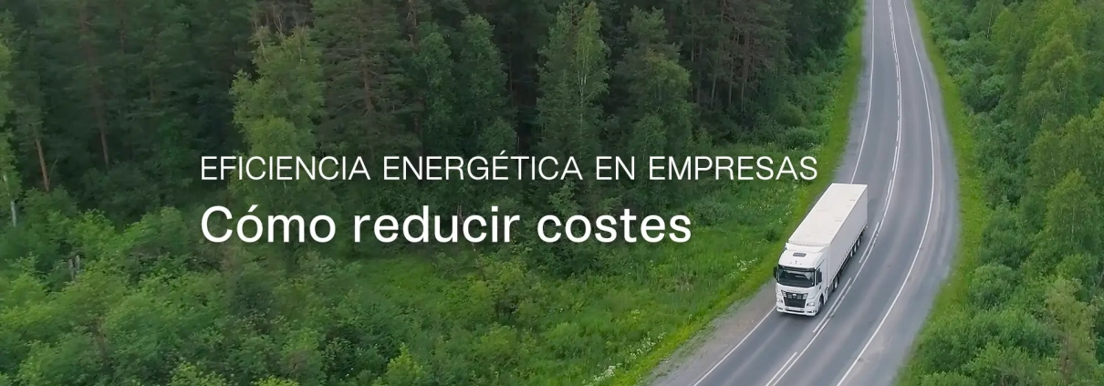 Camión en carretera entre un bosque con el texto «Eficiencia energética en empresas: cómo reducir costes»
