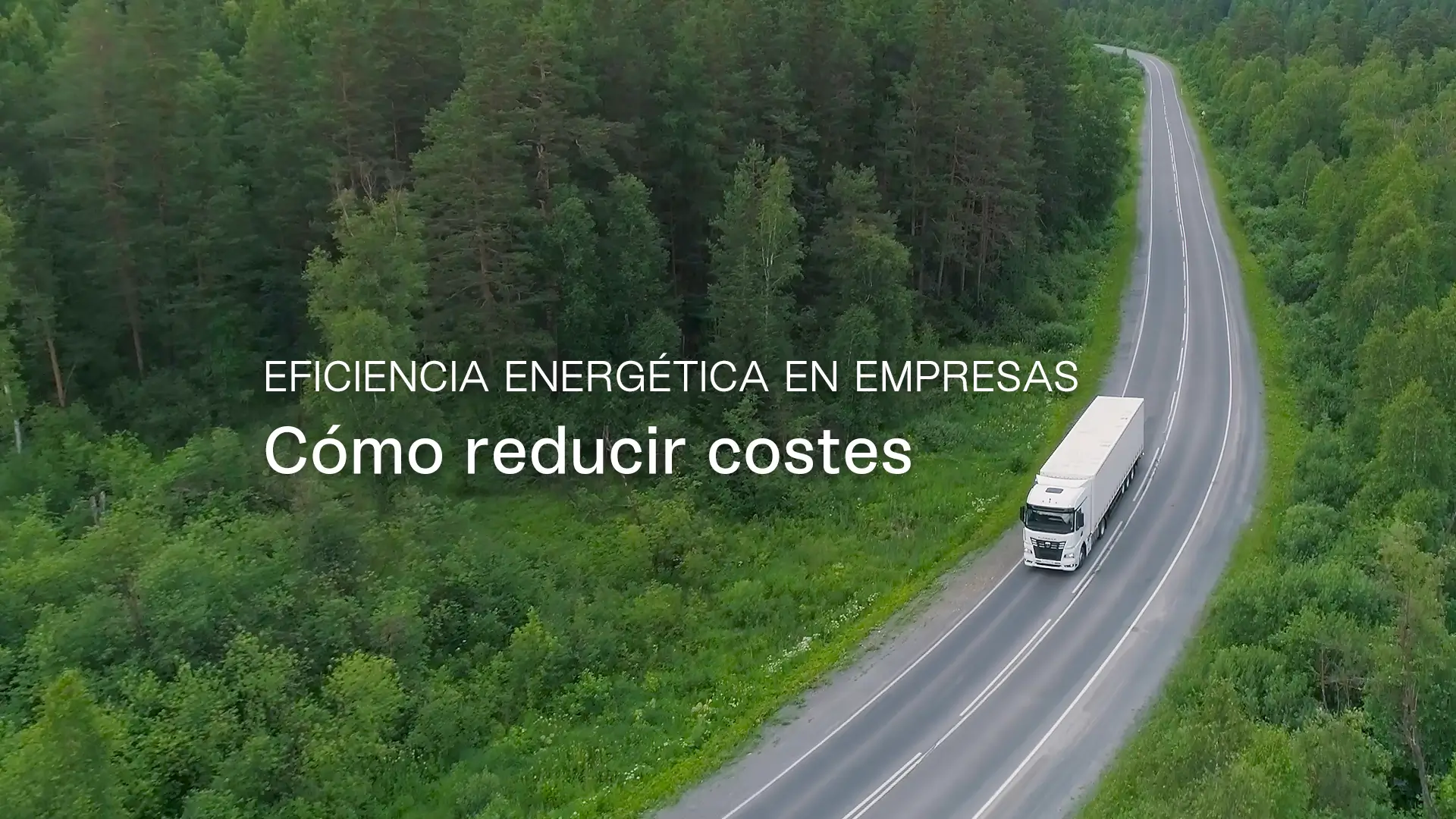 Camión en carretera entre un bosque con el texto «Eficiencia energética en empresas: cómo reducir costes»