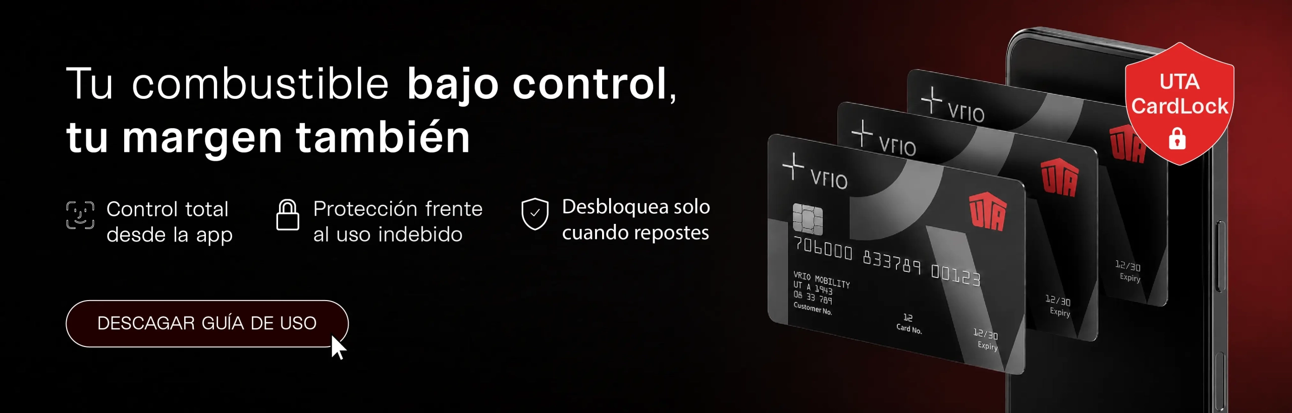 Tarjetas UTA junto a un móvil con UTA CardLock para controlar y desbloquear la tarjeta desde la app
