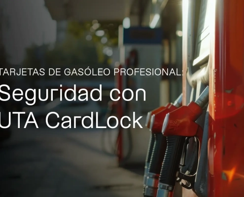 Surtidores de combustible con el mensaje UTA CardLock sobre una tarjeta de gasóleo profesional