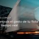 Camión de transporte en movimiento sobre un puente, con una estética dinámica y tecnológica. Sobre la imagen aparece el texto “Vrio Copilot” y el mensaje “Controla el gasto de tu flota en tiempo real”.
